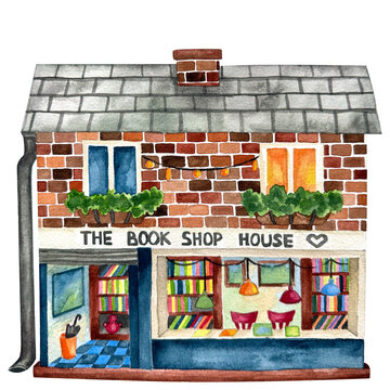 Cute fairytale book  and coffee shop house with a tiled roof on a white background with watercolor illustration isolated on a white background. Hand-drawn set of suburban European houses. 