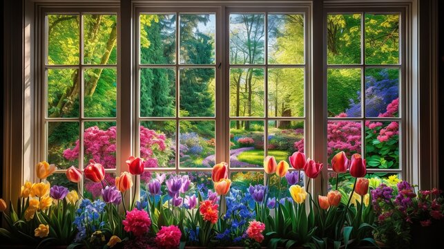  a painting of a window with a view of a garden.  generative ai