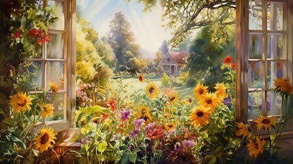  a painting of a garden with sunflowers and other flowers.  generative ai