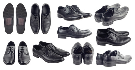 set classic men's black leather shoes isolated from background	