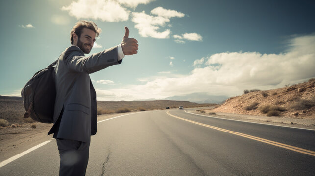 Hitch-hiking traveler with a blank cardboard sign on a mountain road. Budget travel. Auto stop
