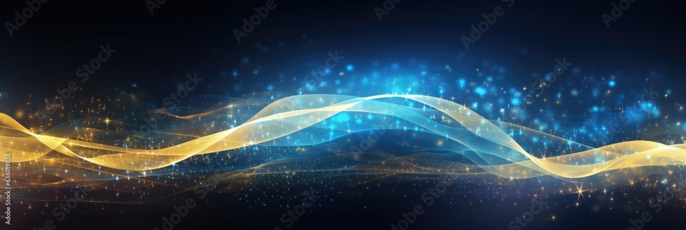 Aufkleber Abstract background with gold and blue glowing neon moving high speed wave lines and bokeh lights