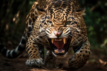 Naklejka na ściany i meble Roaring jaguar in the rainforest