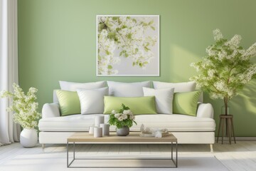 Modern green living room design with sofa and furniture with flowers.