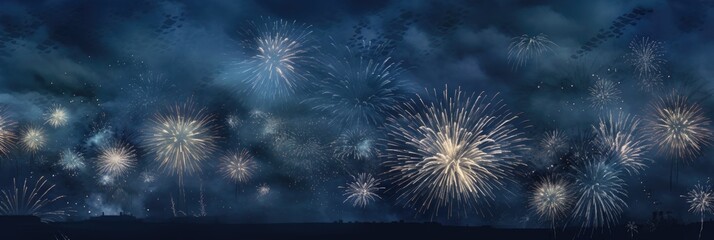 Fototapeta premium Fireworks on dark blue night sky. 2024 New year Eve Party, banner panorama long