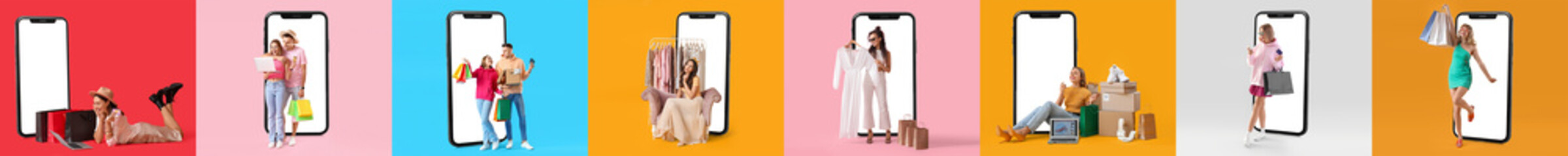 Set of young people with shopping bags and big mobile phones on color background