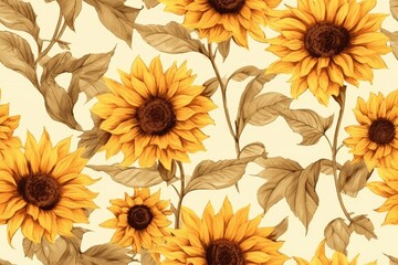 Watercolor retro sunflowers background, seamless pattern - obrazy, fototapety, plakaty