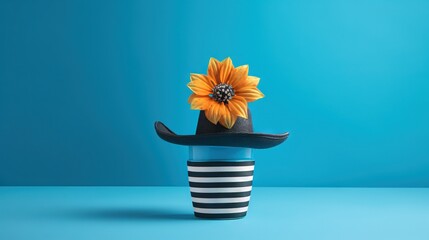 a black and white striped cup with a sunflower on top.  generative ai