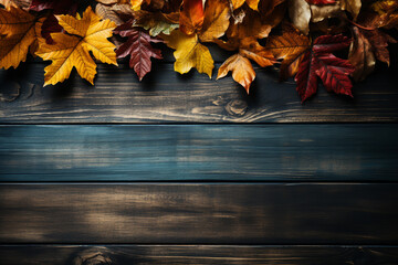 Autumn leaves on wooden surface high angle view. Autumnal background copy space for text. Frame composition made of autumn leaves on wooden surface
