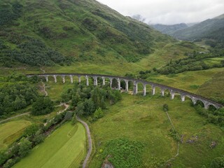 Aerial view of train tracks winding in Glenfinnan Viaduct in Scotland's Highlands