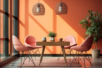 Interior of modern living room with pink walls, concrete floor, orange armchairs and table with chairs.