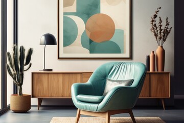 Modern living room interior with sofa, armchair and poster on wall