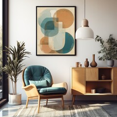 Modern living room interior with sofa, armchair and poster on wall