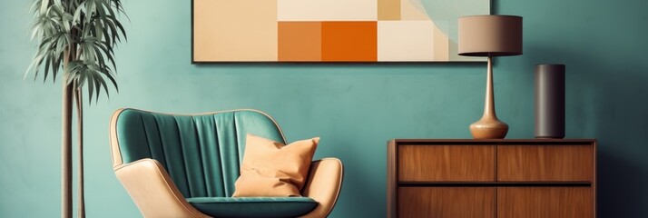 Stylish living room interior with armchair, coffee table and poster on turquoise wall