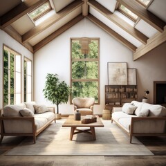 Fototapeta na wymiar Interior of attic living room with wooden walls, wooden floor, comfortable sofa and coffee table. 