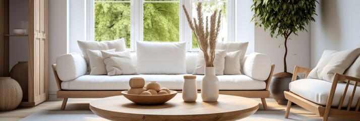 Modern living room interior design with sofa, coffee table and plants. 