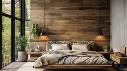 Interior of modern bedroom with wooden walls, concrete floor, comfortable king size bed and wooden wardrobe. 