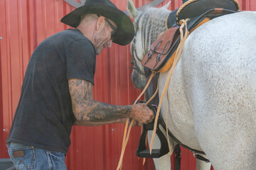 Man Saddling Horse