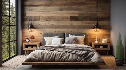 Interior of modern bedroom with wooden walls, wooden floor, comfortable king size bed and panoramic window. 