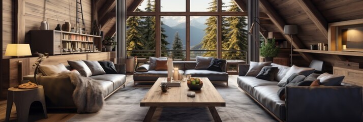 cozy living room with mountain view in the background. - obrazy, fototapety, plakaty