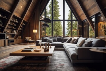 cozy living room with mountain view in the background.