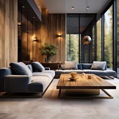 Interior of modern living room with wooden walls, tiled floor, comfortable sofa and coffee table. 