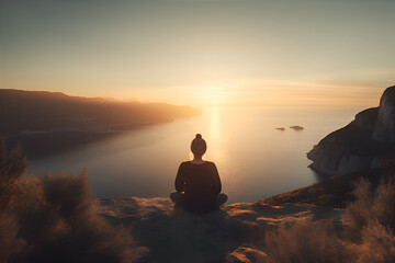 Naklejka na ściany i meble Woman meditating, sitting on the top of the mountain with beautiful ocean view. Generative AI.
