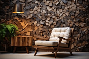 Fototapeta na wymiar Comfortable armchair and lamp on the background of stone wall. minimalist living room