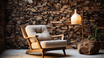 Cozy living room interior with wooden armchair and stone wall. minimalist living room