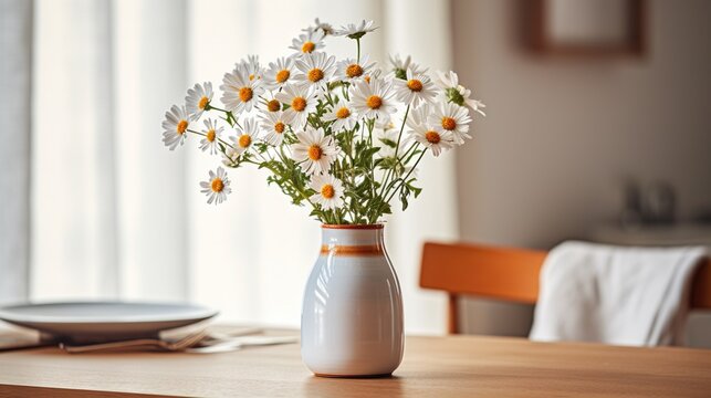  a white vase filled with white and yellow flowers on a table.  generative ai