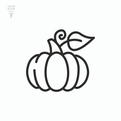 Pumpkin with leaf line icon. Harvest symbol, logo. Halloween concept. Isolated vector illustration.