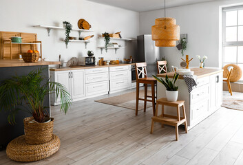 Interior of light kitchen with stylish fridge, counters, shelves and houseplants