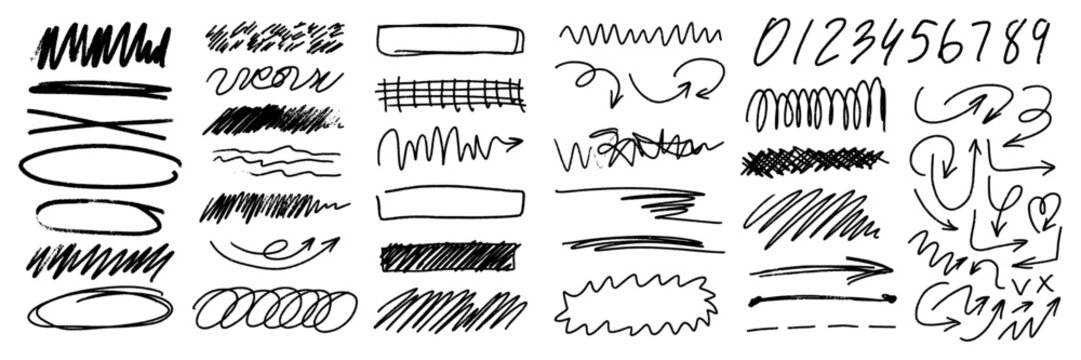 Charcoal scribble stripes, emphasis arrows, handdrawn numbers. Chalk crayon or marker doodle rouge handdrawn scratches. Vector illustration of lines, waves, squiggles in marker sketch style.