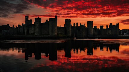 Obraz na płótnie Canvas Sunset view of Caernarfon Castle in North Wales. silhouette concept