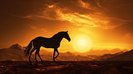 Sepia toned silhouette of Arabian horse grazing beneath sun