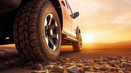 Off road trucks with tire protection stop on a gravel road with text space. silhouette concept - obrazy, fototapety, plakaty