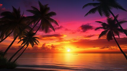 Plakat silhouettes of palm trees on a tropical beach at sunset