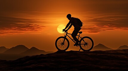 Fototapeta na wymiar Sunset silhouette of a man cycling on a mountain bike