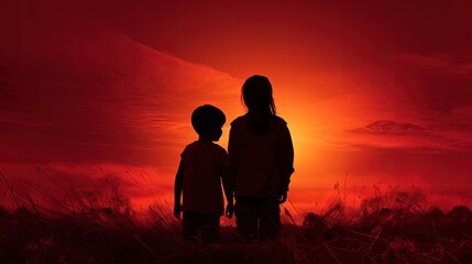 Two kids outlines in front of red sky and grass. silhouette concept