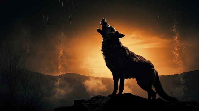 Silhouetted wolf howling at full moon in foggy background Halloween horror concept