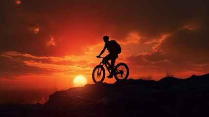 Naklejka na ściany i meble Sunset silhouette of a man cycling on a mountain bike