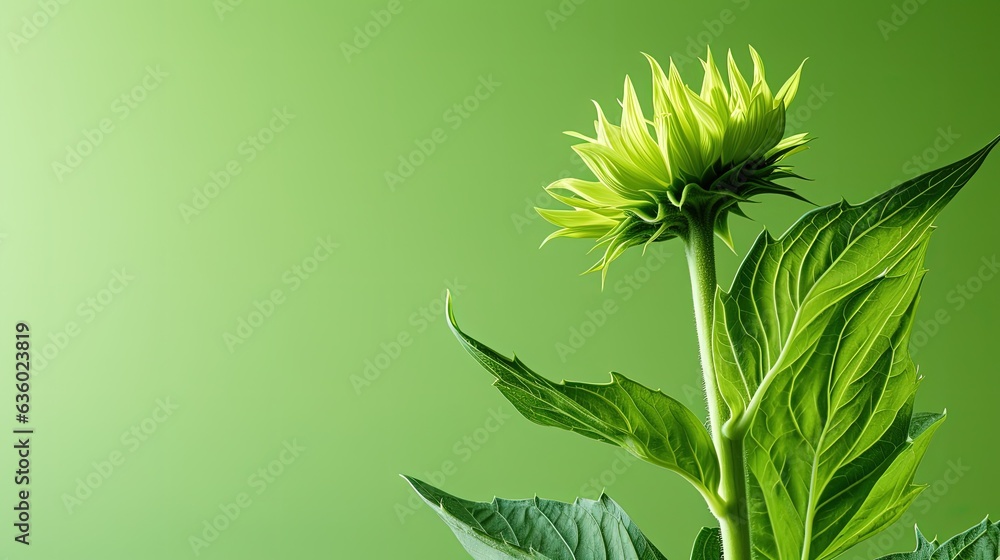 Poster minimal flower arrangement with sunflower bud cast in artistic shadow against a green backdrop. silh