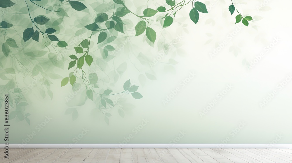 Aufkleber green shadow created by falling tree branch on white wall texture serving as a background and wallpa