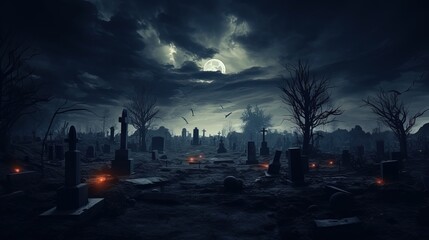 Creepy cemetery at night with haunted atmosphere evoking feelings of sadness death and horror. silhouette concept
