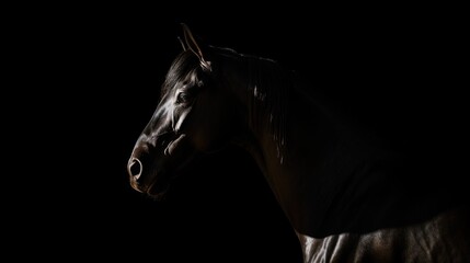 Fototapeta na wymiar Budenny horse s shadow on black background. silhouette concept