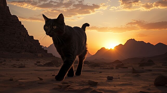 A cat walks by the mountain of Moses in Egypt. silhouette concept