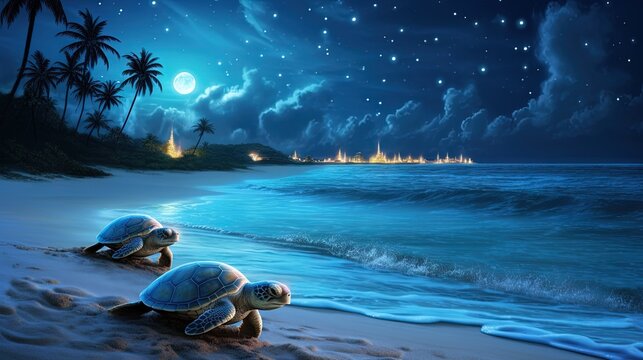  a painting of two turtles on a beach at night time.  generative ai