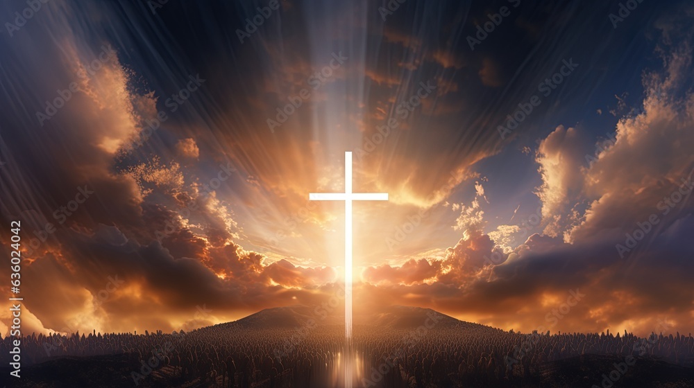 Aufkleber a miraculous event occurred in the sky with fluffy clouds forming a cross. silhouette concept