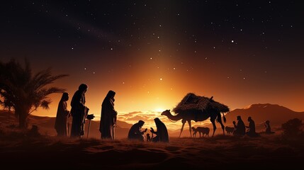 Evening desert nativity scene during Christmas. silhouette concept - obrazy, fototapety, plakaty