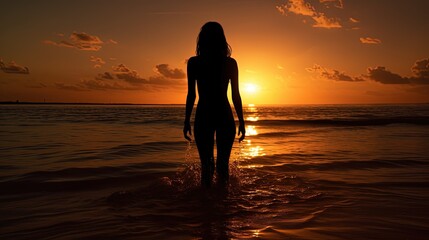 Girl s outline on shore. silhouette concept